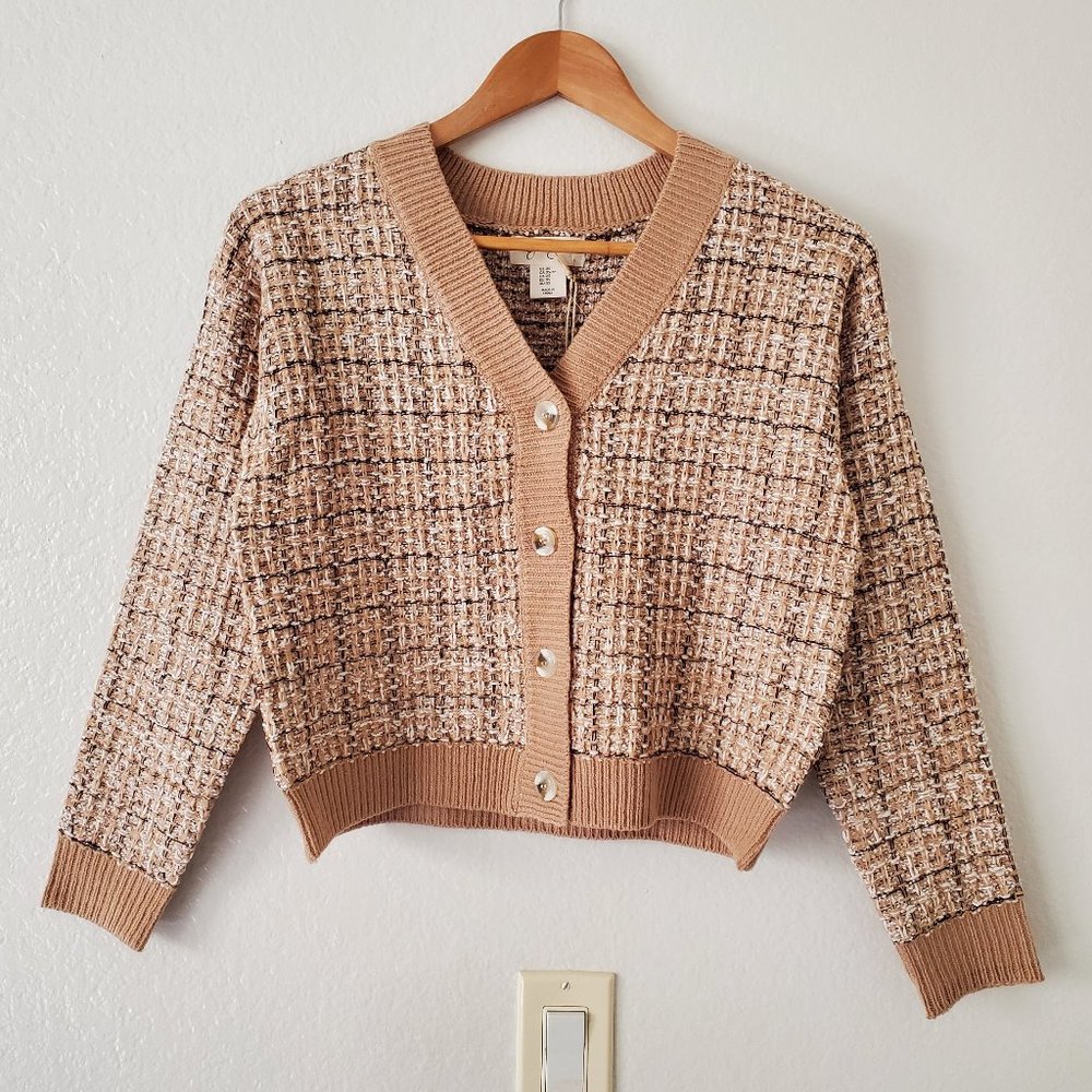 Light brown / tan / cream tweed style cardigan